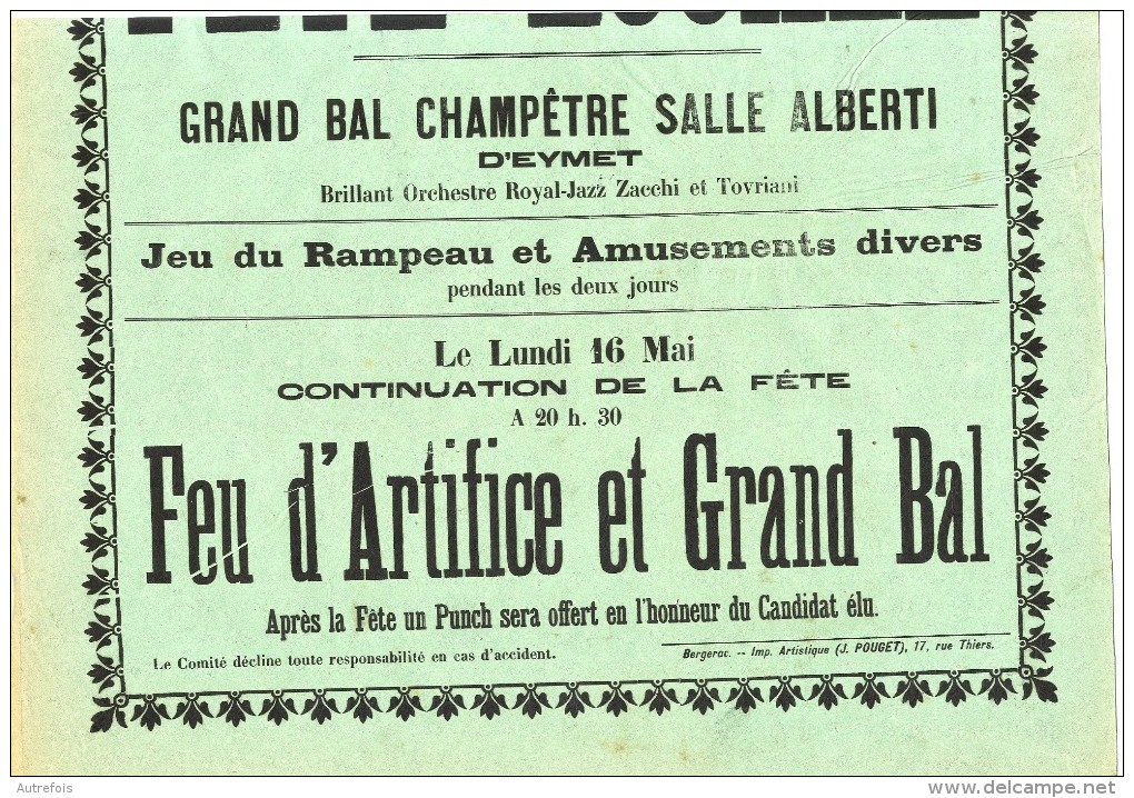 LA FERRIERE FETE LOCALE  MAI 1932  GRAND BAL CHAMPETRE D EYMET -  AFFICHE ORIGINALE - Affiches