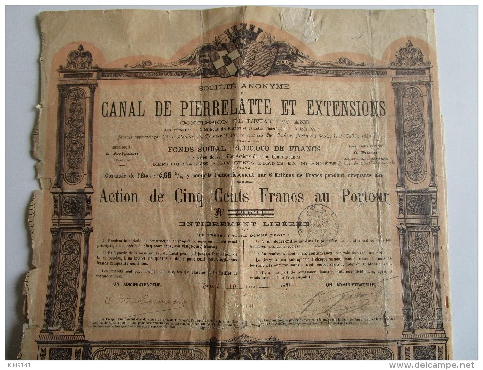 CANAL DE PIERRELATTE ET EXTENSIONS  -  Action De Cinq Cents Francs N° 10,691 Du 10 Juin 1890 - Navigation