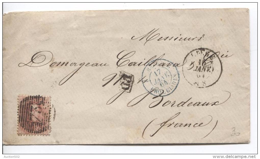 TP 16 S/L. C.Liège 16/1/1864 Bureaux De Direction 18 Barres 73 + Ambt Belg.-Erquelinnes 17/1/64 V.Bordeaux France PR3190 - Postmarks - Lines: Perceptions