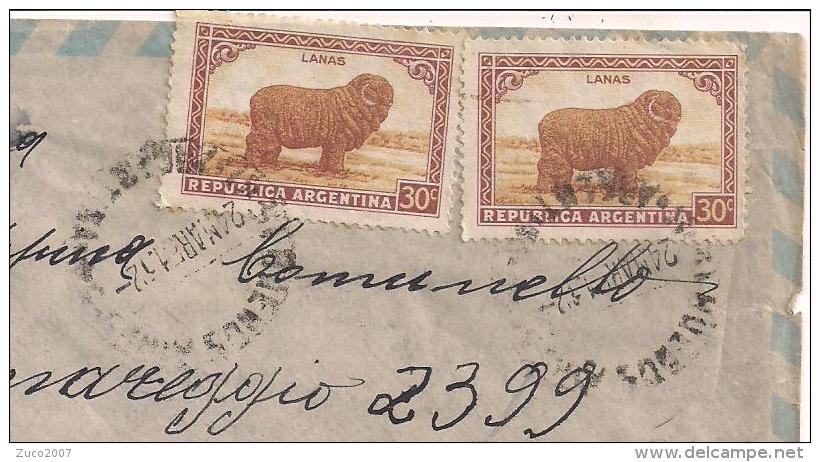 ARGENTINA - LANAS  Cent. 30X2, 1951,VIA  AEREA, BUENOS AIRES - VENEZIA, - Storia Postale