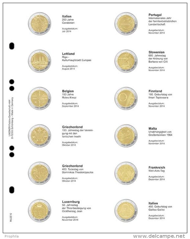 Lindner MU2E14 Multi Collect Vordruckblatt Fürt 2 € Gedenkmünzen - Spanien Dezember 2014 - Frankreich Juli 2015 - Supplies And Equipment
