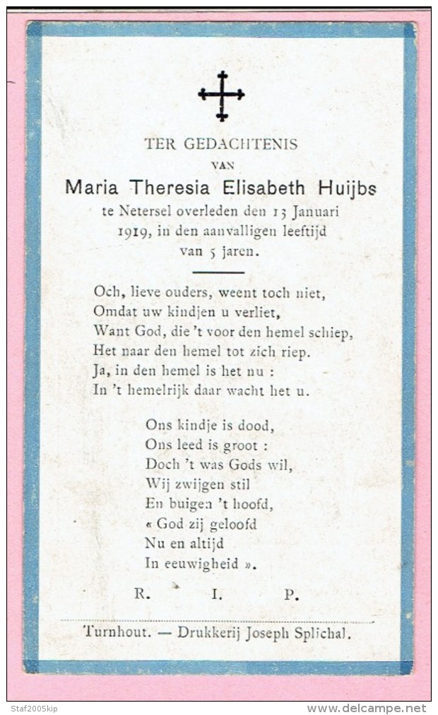 Bidprentje  - Maria Theresia Elisabeth HUIJBS - Netersel 1914 - 1919 (drukkerij Joseph Spichal Turnhout) - Images Religieuses