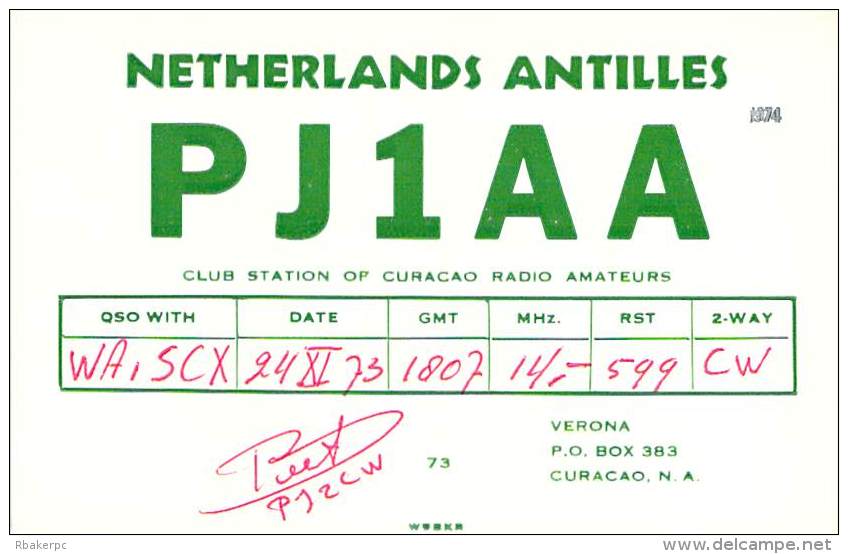 Amateur Radio QSL Card - PJ1AA - Curacao, Neth. Antilles - 1973 - Radio Amateur