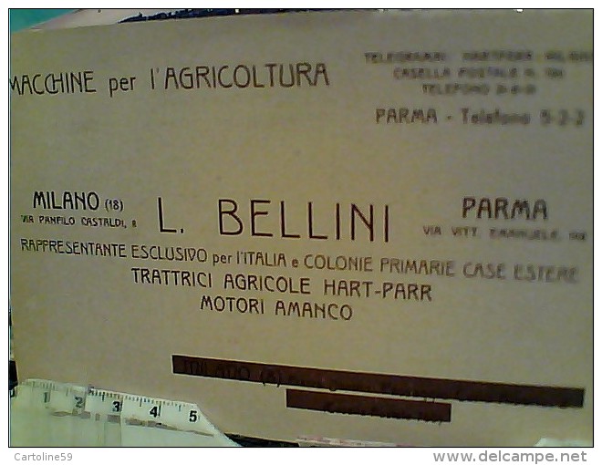 CARTOLINA BIGLIETTO DITTA BELLINI MACCHINE AGRICOLTURA TRATTRICI HART PARR  AMANCO PARMA 1930/40? FN3709 - Pubblicitari