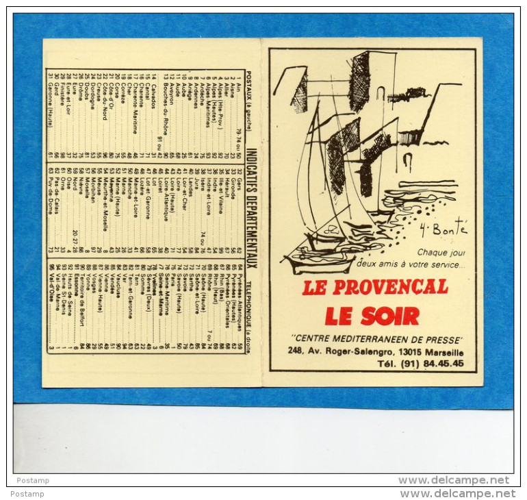 Calendrier 1983- Publicité "journaux-"LE PROVENSAL + LE SOIR"-MARSEILLE-illustration H BONTE - Formato Piccolo : 1981-90