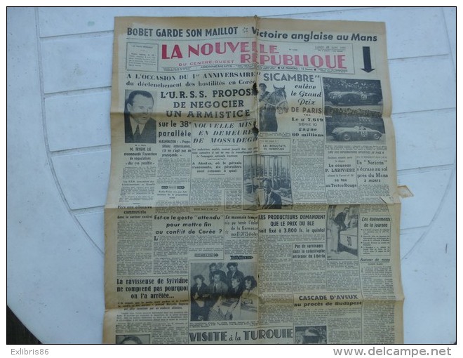 La Nouvelle République Du Centre-Ouest, 25 Juin 1951, Louison Bobet, 24 H Du MANS (Automobile) ; Ref 812 C32 - Other & Unclassified