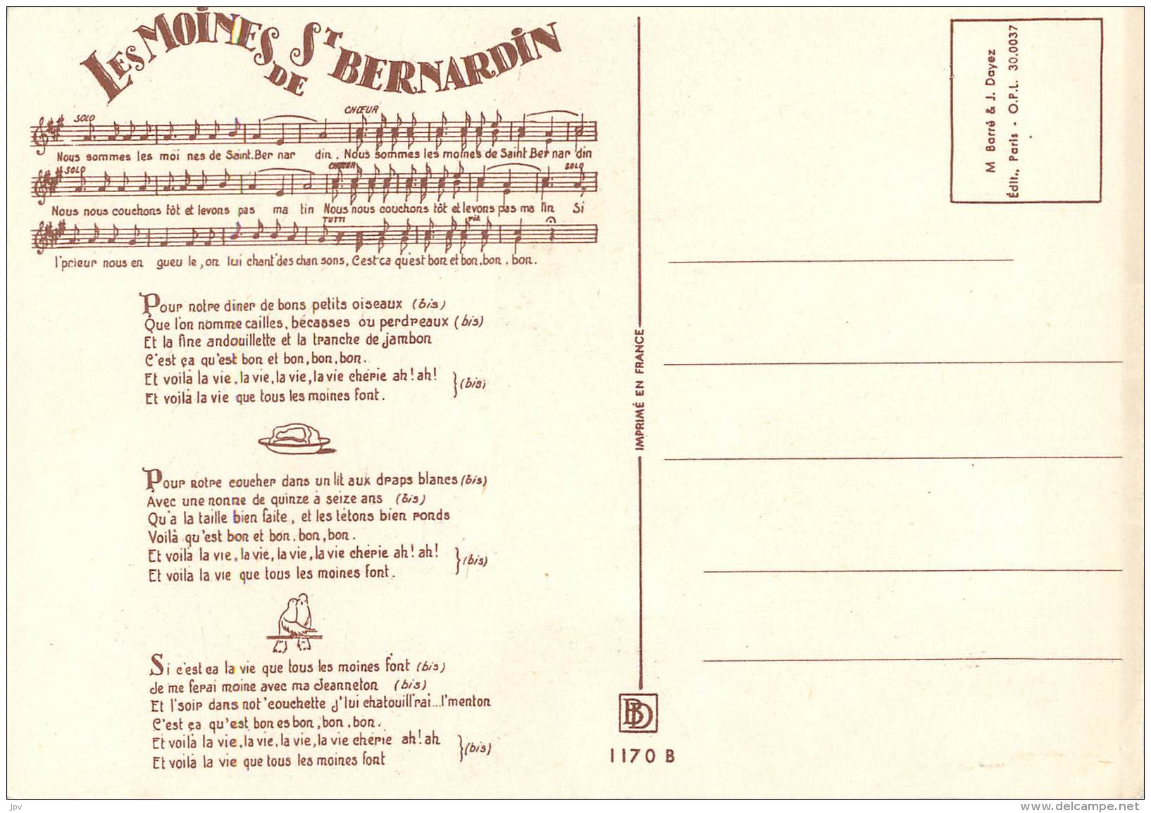 CHANSON PAILLARDE . LES MOINES DE SAINT BERNARDIN . EDITION 1 - Noces