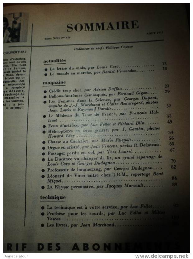 1957 SCIENCE Et VIE N° 479 :Titre Suivant  SOMMAIRE En 2e Photo : Cachalots;La Durance;Vinci;Prof Boumerang; Etc - Science