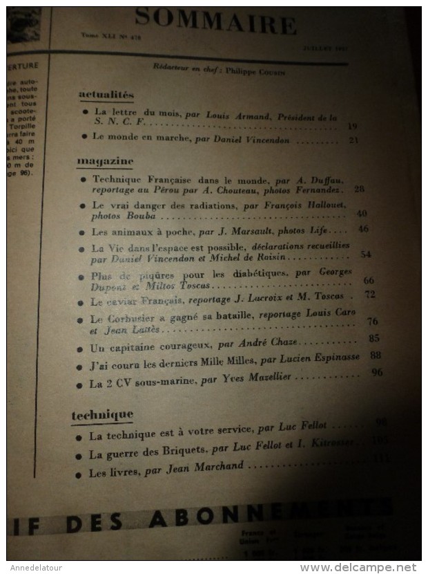 1957 SCIENCE Et VIE N° 478 :Titre Suivant  SOMMAIRE En 2e Photo : Couse Auto;Ingénieurs Fr.;Pour La LUNE;Diabète..etc - Ciencia