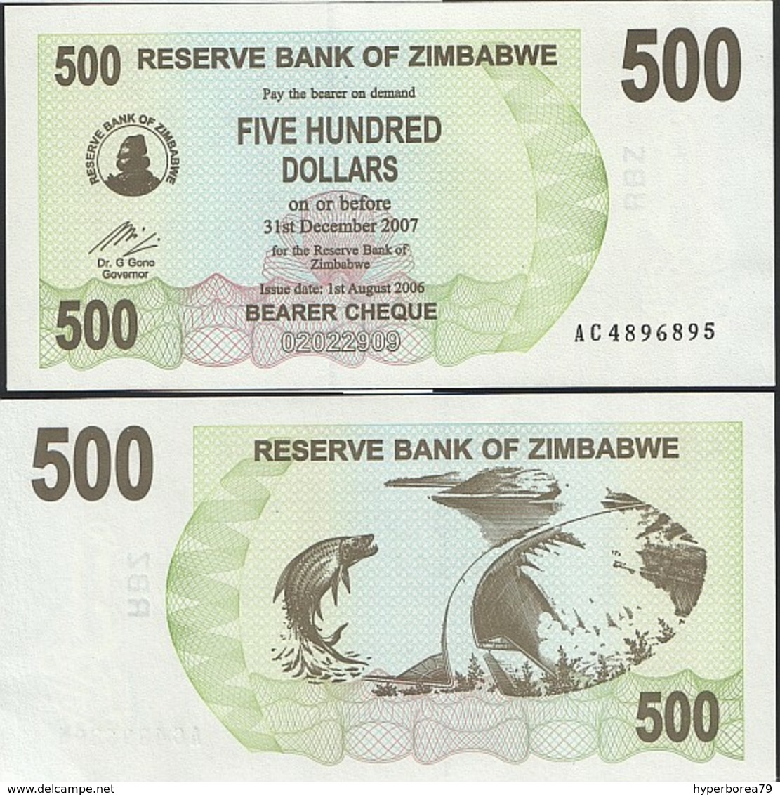 Zimbabwe P 43 - 500 Dollars 1.8.2006 BEARER CHEQUE - UNC - Zimbabwe