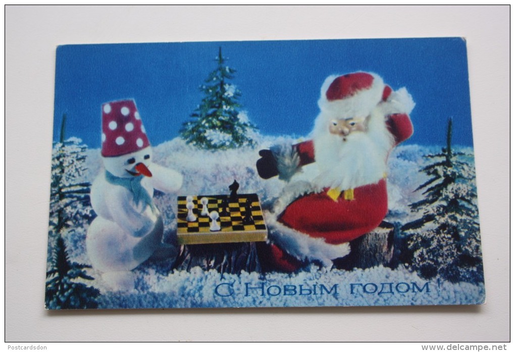 OLD USSR PC. 1979. SANTA PLAYING CHESS WITH SNOWMAN - Chess - Échecs - Schach