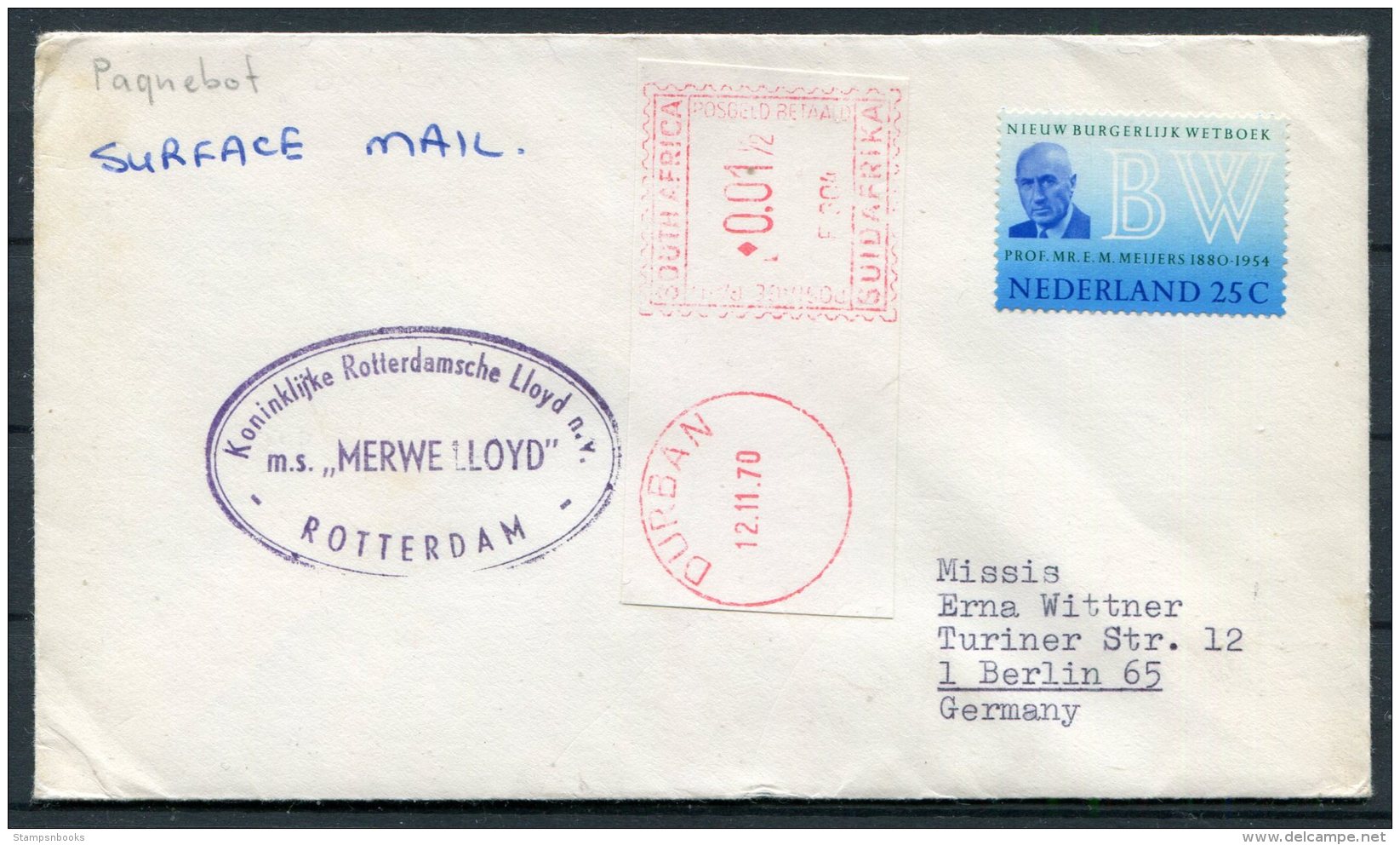 1970 Netherlands Ship Paquebot Cover MS MERWE LLOYD Rotterdam Durban South Africa - Covers & Documents