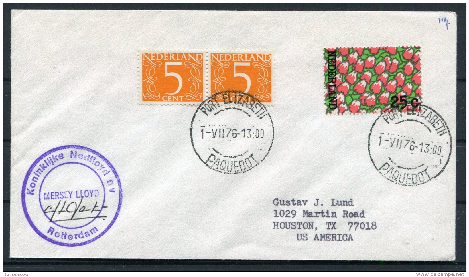 1976 Netherlands Ship Paquebot Cover MERSEY LLOYD Port Elizabeth South Africa SIGNED - Covers & Documents