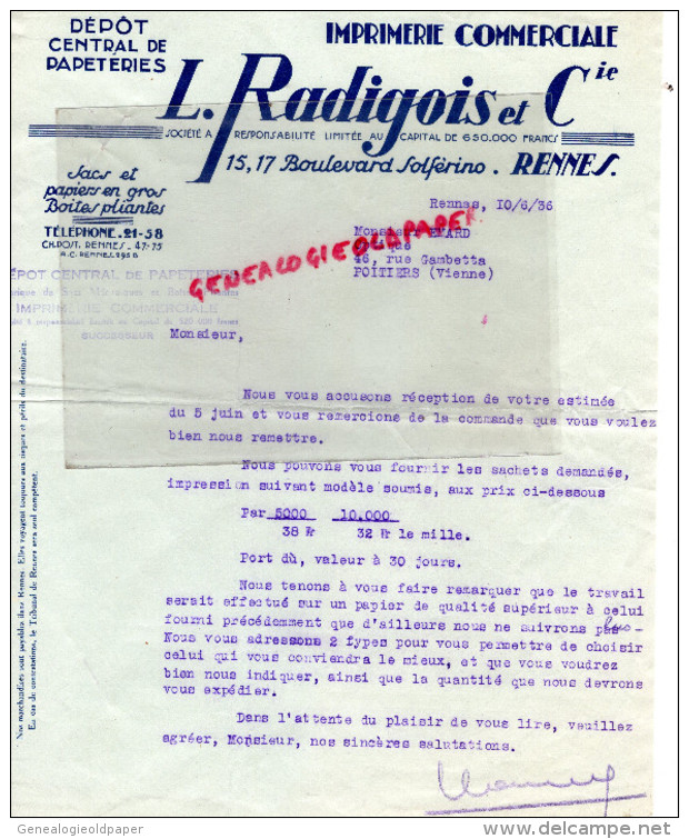 35 - RENNES - FACTURE L. RADIGOIS - IMPRIMERIE COMMERCIALE- PAPETERIE- 15 BD SOLFERINO -1936 - Imprenta & Papelería