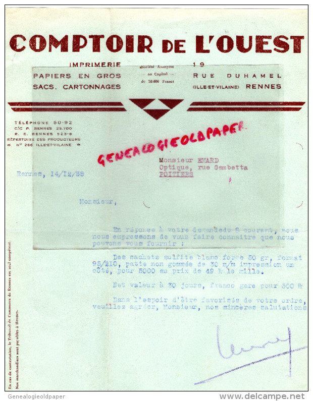 35 - RENNES - FACTURE COMPTOIR DE L' OUEST - 19 RUE DUHAMEL- IMPRIMERIE -1938 - Imprenta & Papelería