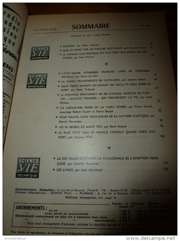1955 SCIENCE Et VIE N° 453:Titres :voir SOMMAIRE  2e Photo :EINSTEIN; Jeu D' ECHEC; Atome; Plus De Vie; Etc - Ciencia