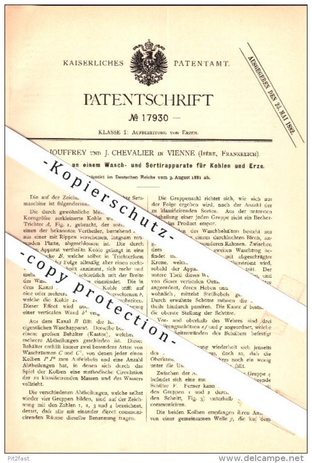 Original Patent - Cl. Jouffrey Und J. Chevalier In Vienne , Isere , 1881 , Waschapparat Für Erz , Bergbau !!! - Vienne