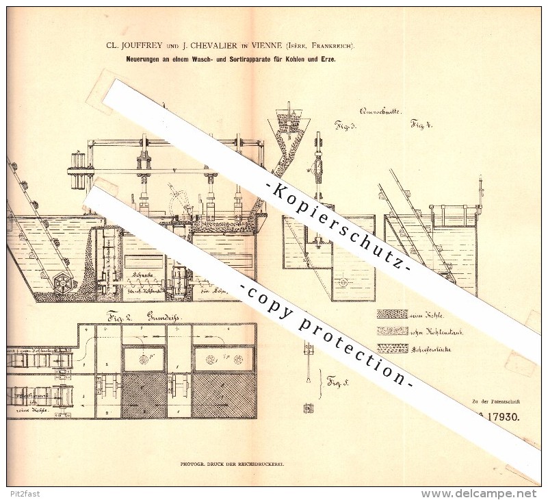 Original Patent - Cl. Jouffrey Und J. Chevalier In Vienne , Isere , 1881 , Waschapparat Für Erz , Bergbau !!! - Vienne