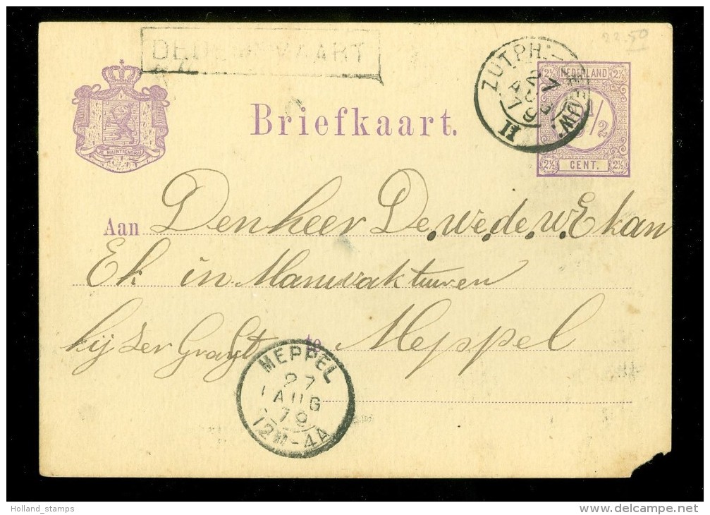 HANDGESCHREVEN BRIEFKAART Uit 1879 Van TREINSTEMPEL ZUTPH:-LEEUW + HALTESTEMPEL DEDEMSVAART Naar MEPPEL  (10.472j) - Postal Stationery