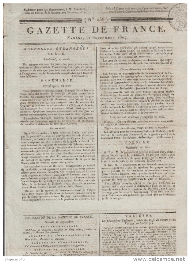 JOURNAL QUOTIDIEN N° 256 LA GAZETTE DE FRANCE Du Samedi 12 Septembre 1807 - 1800 - 1849