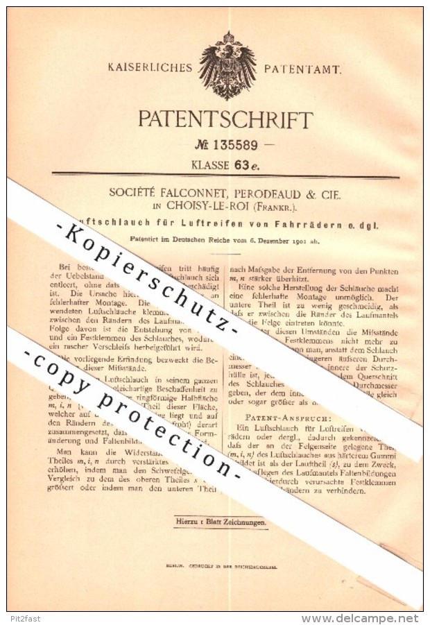 Original Patent - Perodeaut & Cie à Choisy Le Roi , 1901 , Luftschlauch Für Fahrrad , Bicycle !!! - Motos