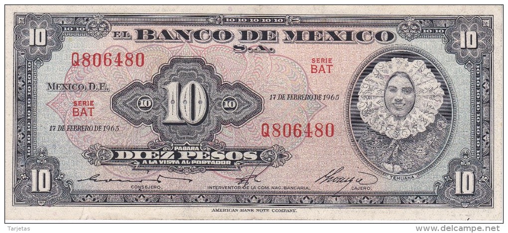 BILLETE DE MEXICO DE 10 PESOS DEL AÑO 1965  (BANKNOTE) - Mexique