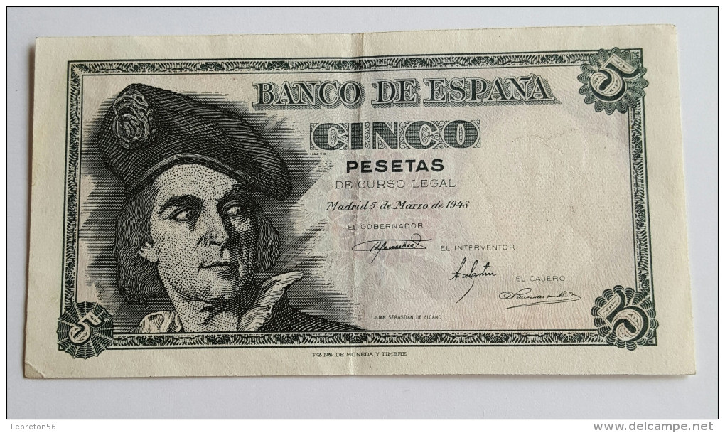 Banque D' ESPAGNE Cinq Pésétas Du 5 Mars 1948 Joli Voir Les 2 Photos - 5 Pesetas