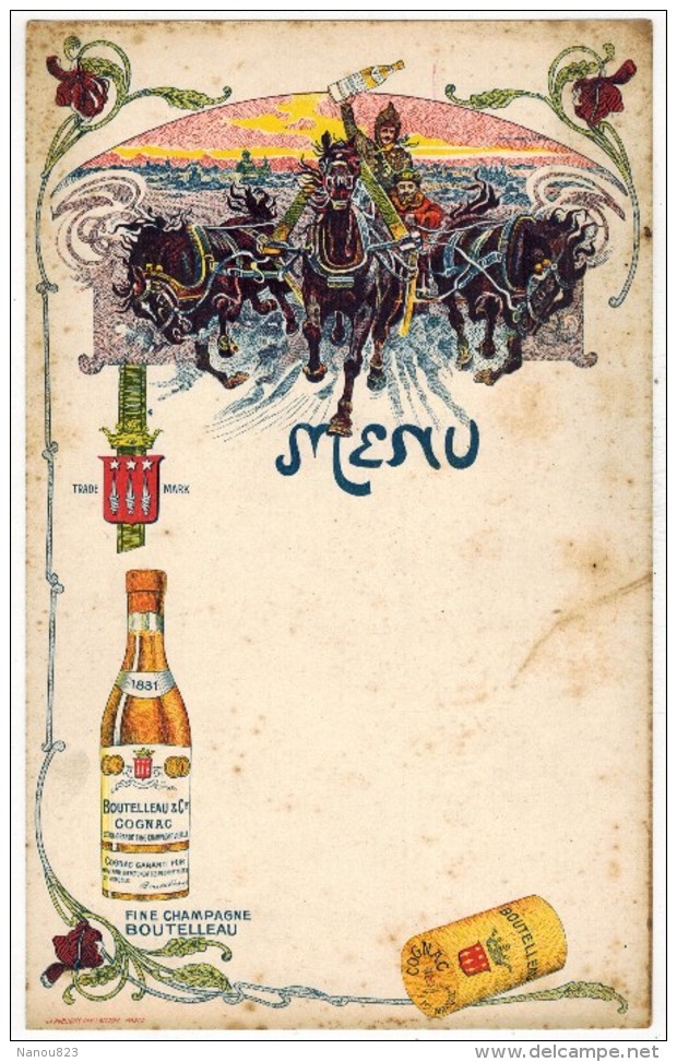 ANCIEN MENU ILLUSTRE ILLUSTRATEUR La Publicité Par L'Affiche COGNAC BOUTELLEAU Fine Champagne Attelage Chevaux - Menus