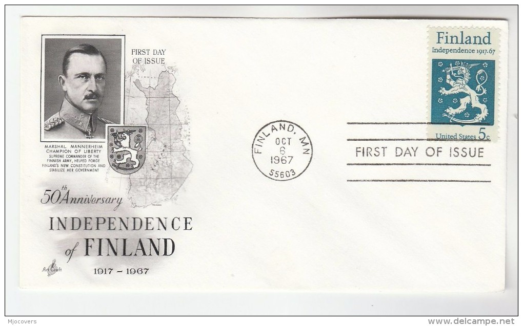 1967 Art Craft USA FDC Stamps FINLAND HERALDIC LION  Pmk FINLAND MN  Cover Illus Map - 1961-1970