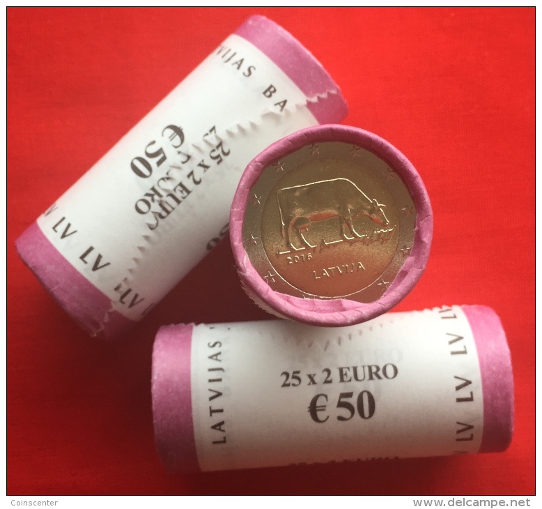 WHOLESALE (1 Roll = 25 Coins): Latvia 2 Euro 2016 "Cow" BiMetallic UNC - Letonia