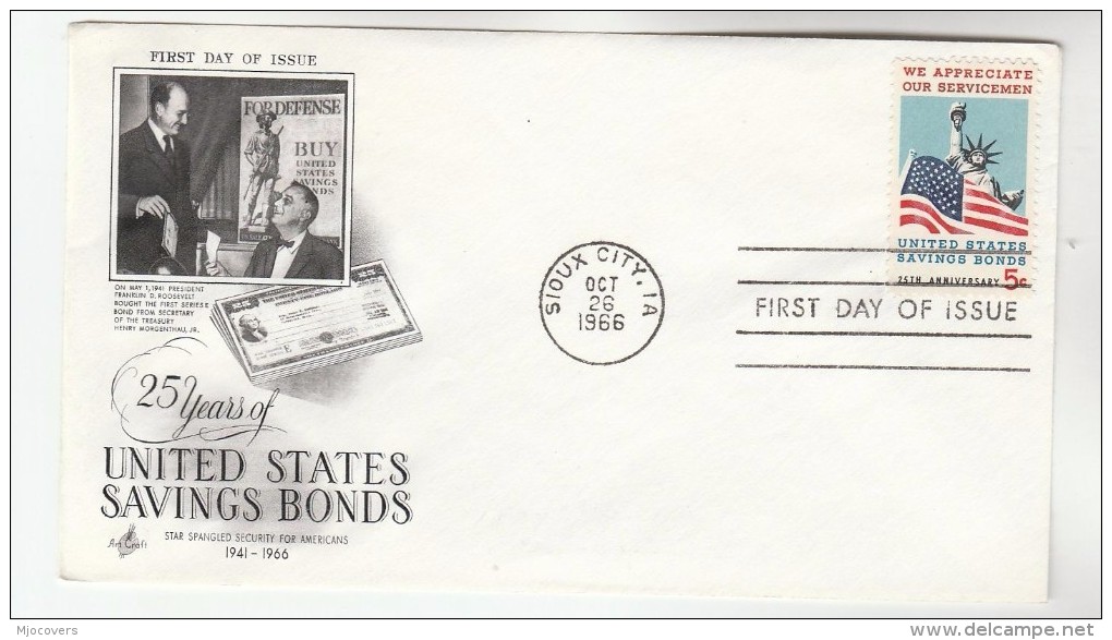 1966 Art Craft USA FDC Stamps SAVINGS BONDS STATUE OF LIBERTY Pmk SIOUX CITY Cover  Finance Banking - 1961-1970