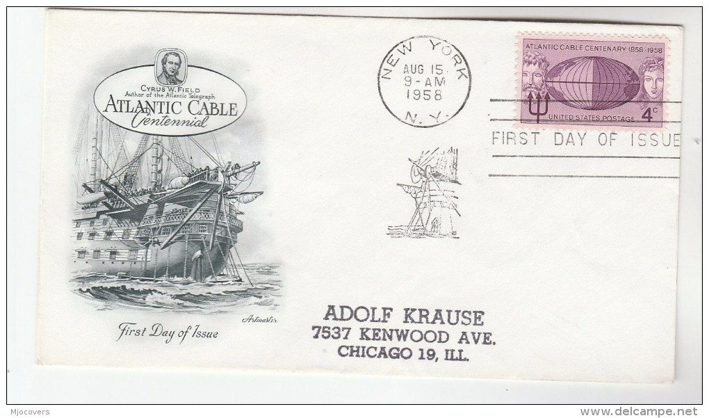 1958 USA FDC Stamps ATLANTIC TELEGRAPH CABLE NEPTUNE GOD Artmaster Cover Sailing Ship Telecom - Telekom