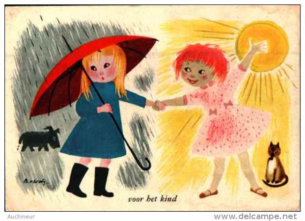 Illustrateur Owak - Dessin Fille Soleil Pluie Parapluie Chien Chat - Autres & Non Classés