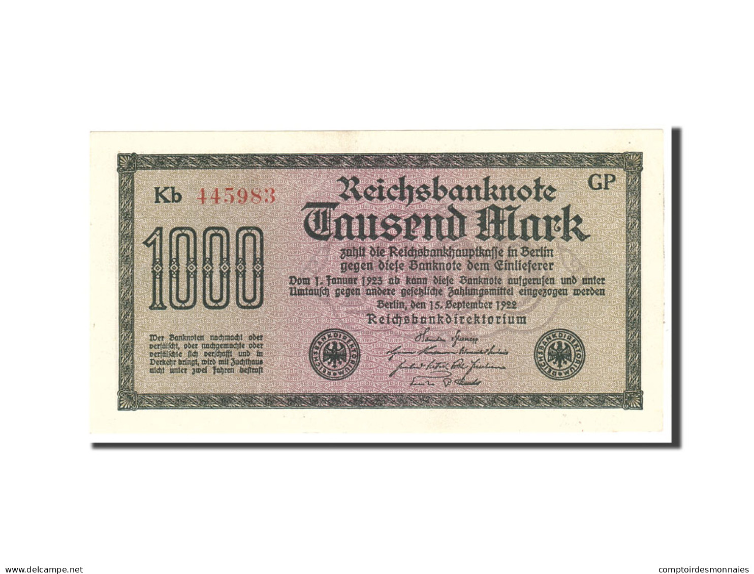 Billet, Allemagne, 1000 Mark, 1922, 1922-09-15, KM:76b, SUP+ - 1000 Mark