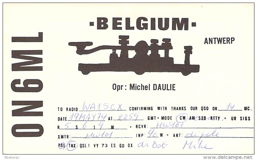 Amateur Radio QSL Card - ON6ML - Antwerp, Belgium - 1974 - Radio Amateur