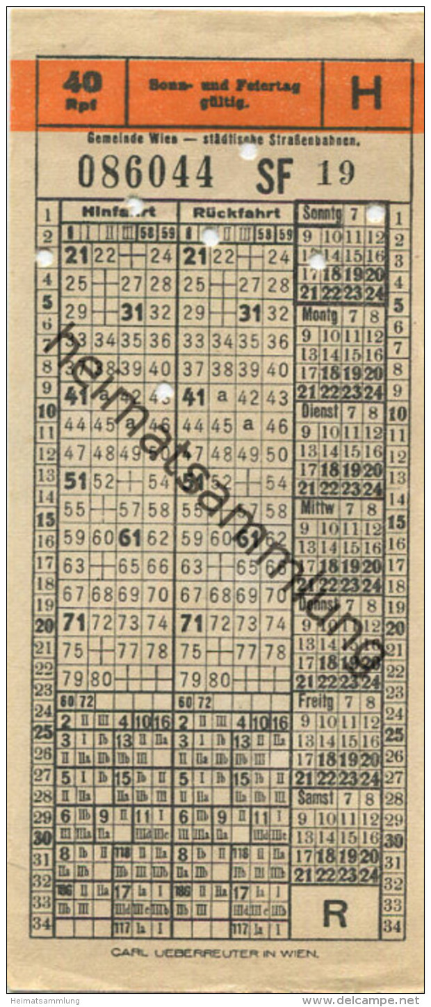 Österreich - Gemeinde Wien - Städtische Straßenbahnen - Fahrschein 40Rpf. - Europa