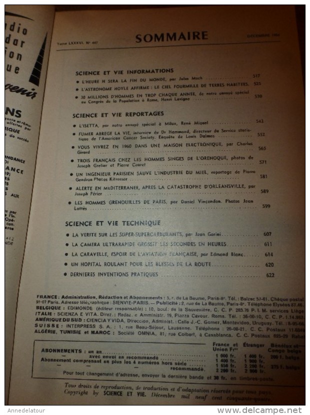 1954 SCIENCE Et VIE --->SOMMAIRE En  2e Photo  Et: Les JUIFS Noirs; Après La Catastrophe D'Orléanville; CARAVELLE..etc - Ciencia