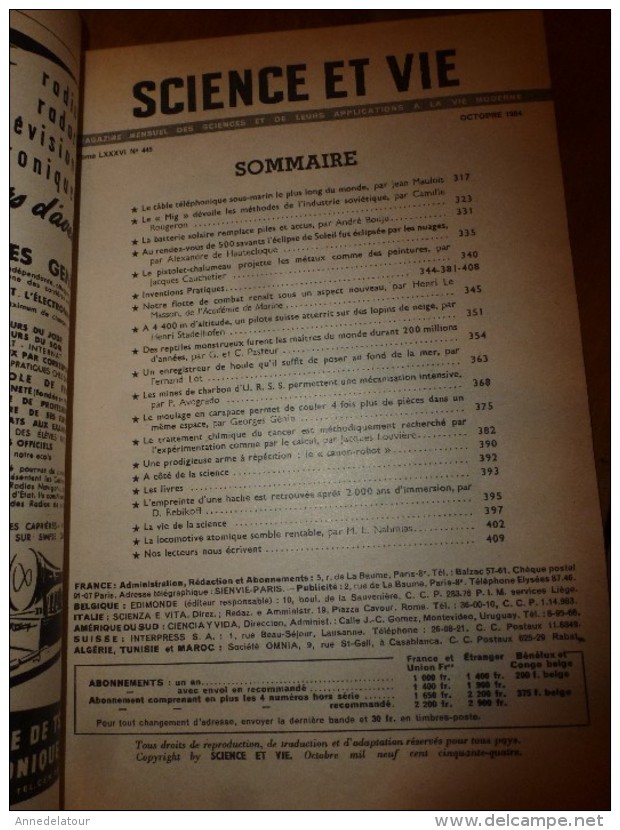 1954 SCIENCE Et VIE --->SOMMAIRE En  2e Photo  Et: Notre Flotte De Combat; La Locomotive Atomique; Le CANON-ROBOT...etc - Science