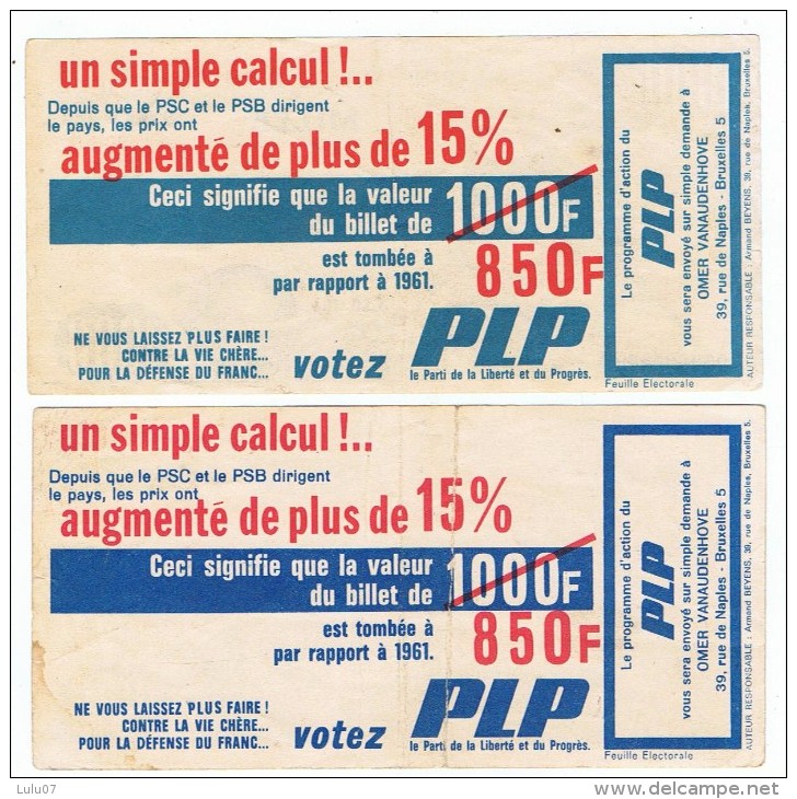 Lot  2  Billets Belges   Parti Politique  PLP   1963 - Other & Unclassified