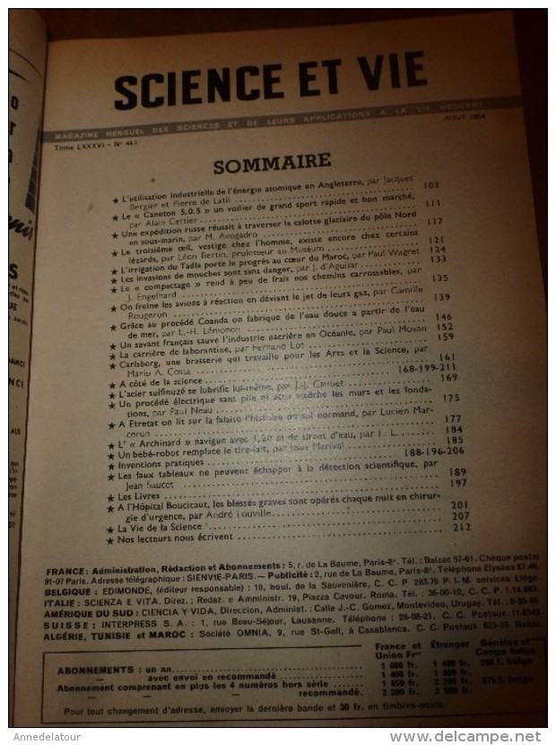 1954 SCIENCE Et VIE --->SOMMAIRE En  2e Photo  Et: MAROC (Tadla,Fquih-ben-Salah,Bin-el-Ouidane); Etretat; Huitres Nacre - Science