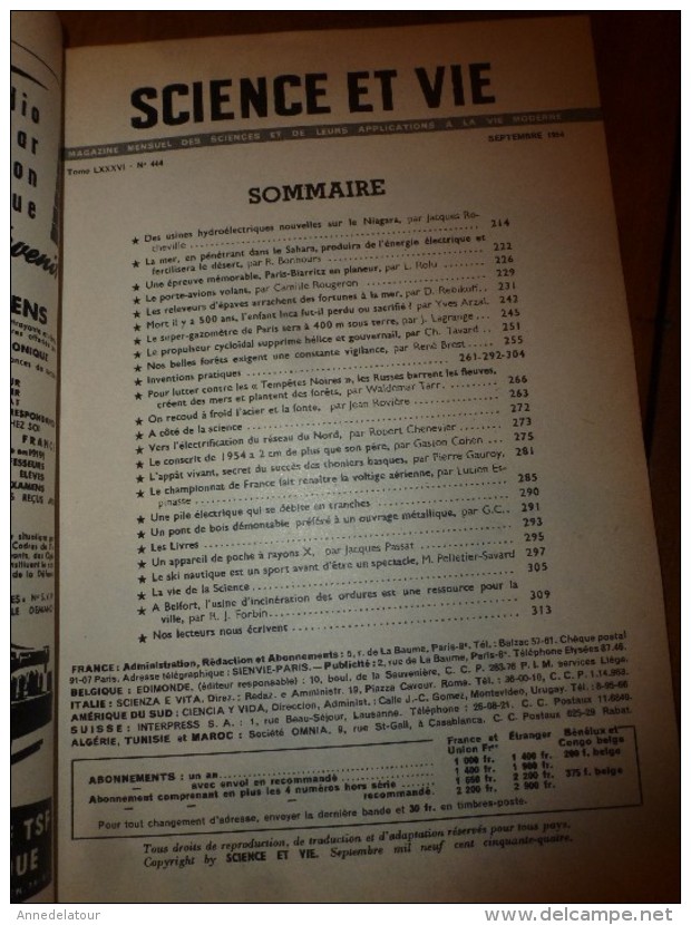 1954 SCIENCE Et VIE --->SOMMAIRE En  2e Photo  Et: La Mer Dans Le SAHARA ; Forêt De St-Vincent-de-Paul ; Etc... - Ciencia