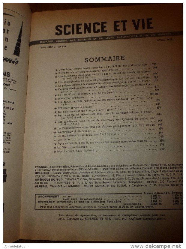 1954 SCIENCE Et VIE --->SOMMAIRE En  2e Photo  Et:  Supercherie Photographique; L'ARTIQUE De L'URSS..etc - Science