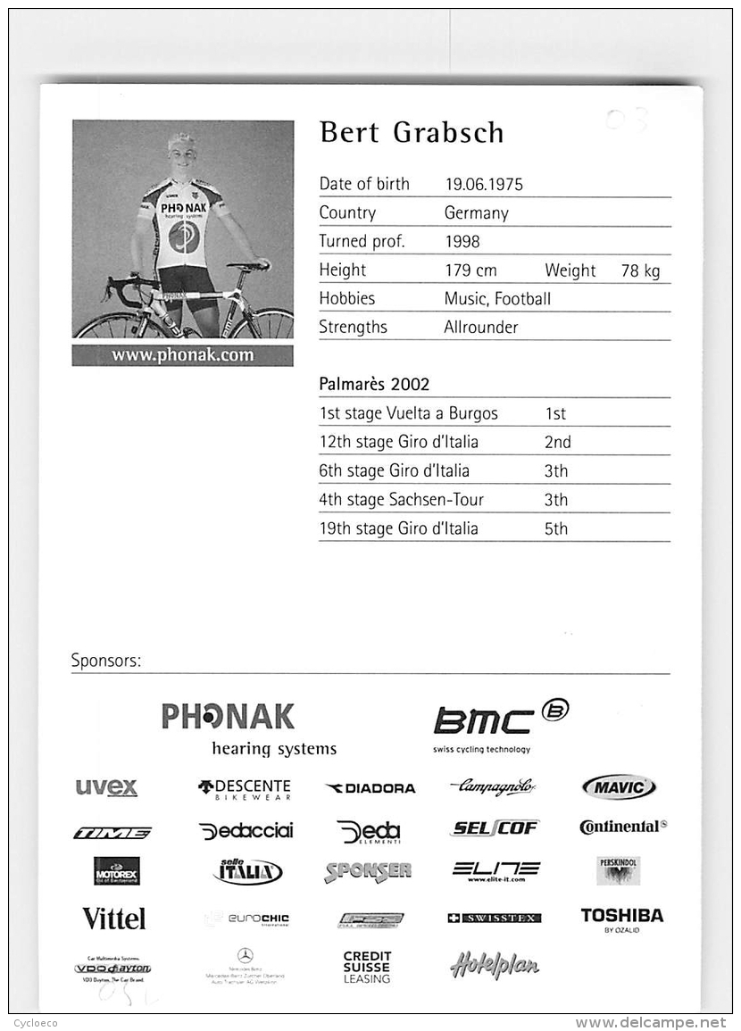 Bert GRABSCH , Autographe Manuscrit, Dédicace. 2 Scans. Cyclisme. Phonak - Cycling