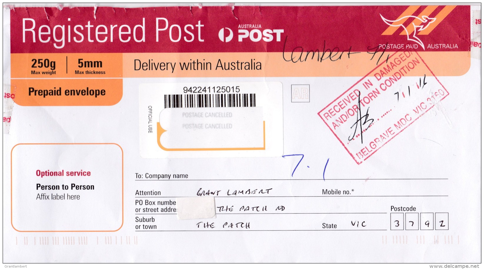 Australia 2016 Registered Domestic Envelope Recieved In Damaged And/or Torn Condition - Covers & Documents