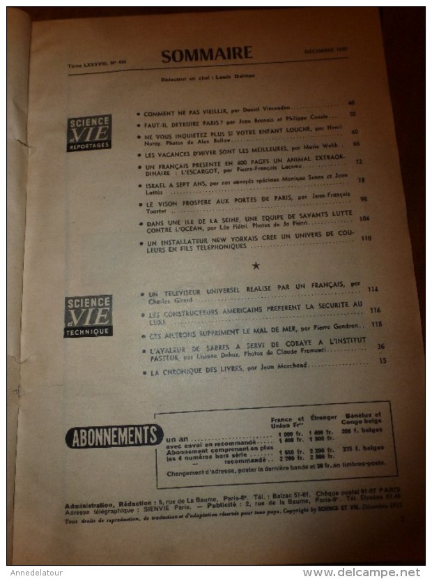 1954 SCIENCE Et VIE --->SOMMAIRE En  2e Photo  Et:  ISRAËL ; Extraordinaire ESCARGOT; Pour Ne Pas Vieillir..etc - Ciencia