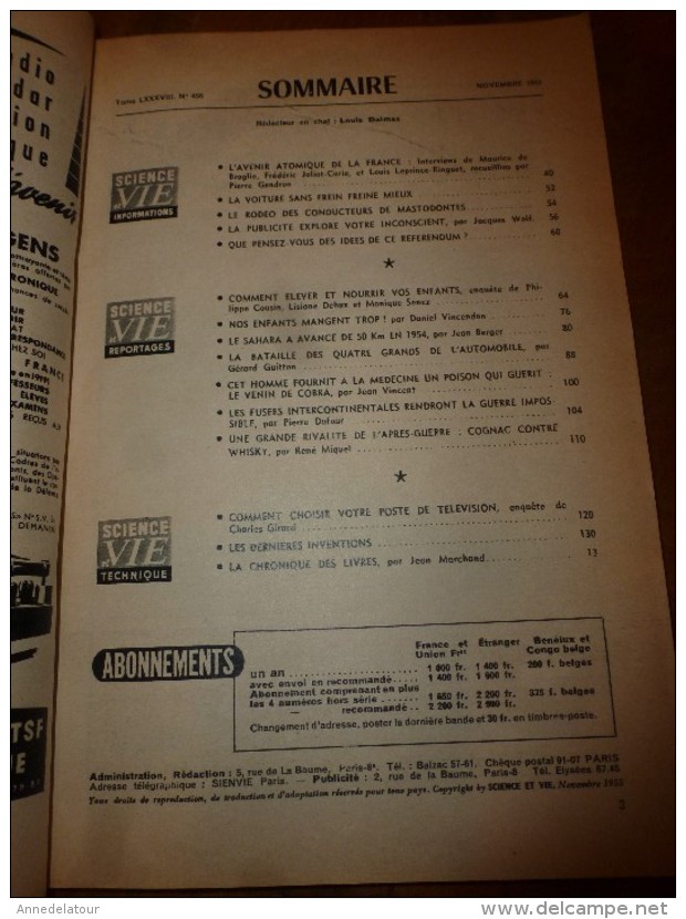 1955 SCIENCE Et VIE --->SOMMAIRE En  2e Photo  Et:  Notre Avenir Atomique; Cognac Et Whisky; Elever So Enfant..etc - Ciencia