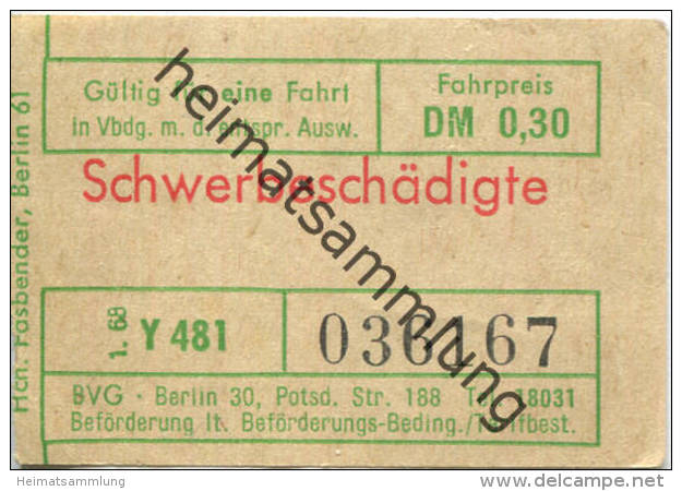 Berlin - BVG - Fahrschein 1968 - Schwerbeschädigte - DM 0,30 - Europe