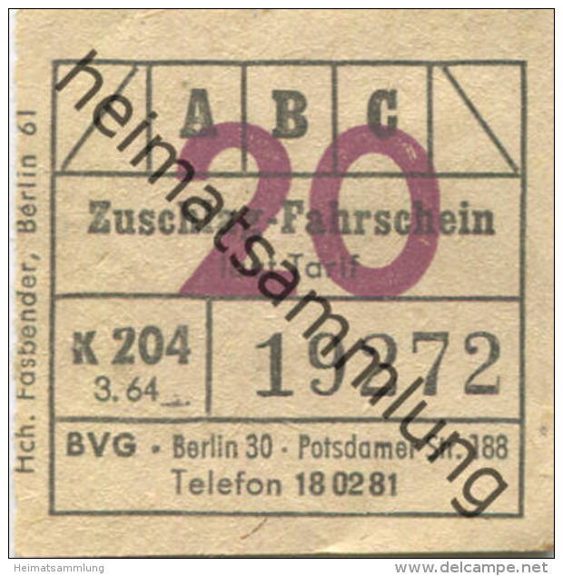 Berlin - BVG - Zuschlag-Fahrschein 1964 - Europe