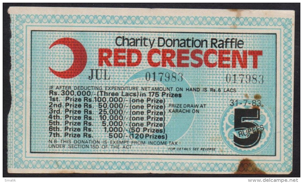 PAKISTAN - RED CRESCENT Rs. 5 Charity Donation Raffle Ticket, Red Cross 1983 - Tickets - Entradas