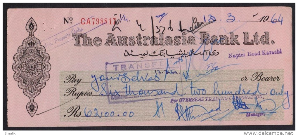 PAKISTAN - The Australasia Bank Ltd, At Karachi, Old Cheque 1964 - Bank & Insurance